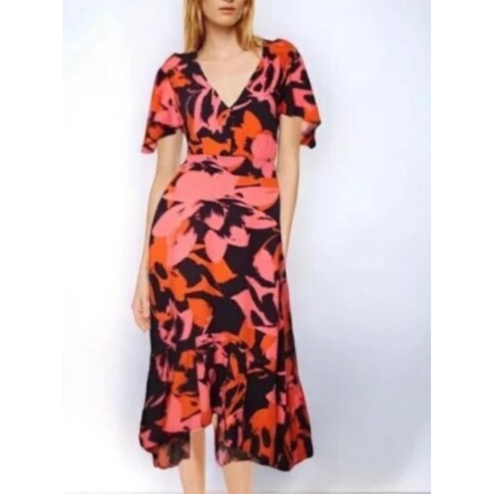 Anthropologie Abel The Label Floral VNeck Smocked Midi Dress Navy Pink Orange XS
